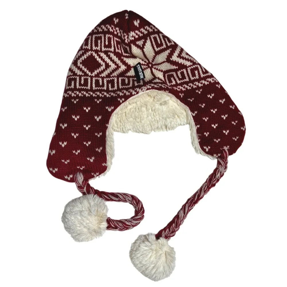 Mukluks Fair Isle Trapper Hat with Pom Poms Burgundy White Faux Fur Lined - Picture 3 of 4